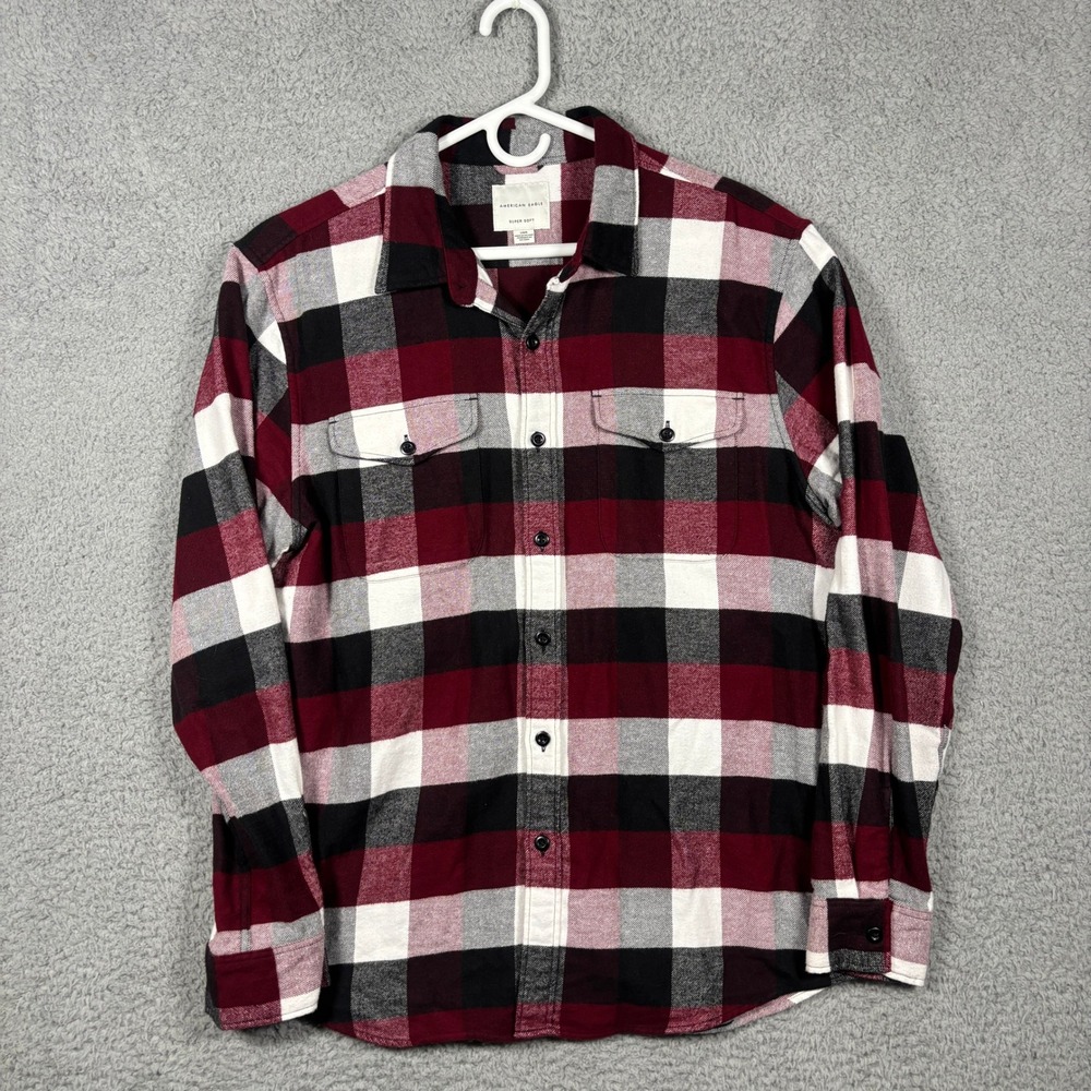 American Eagle Flannel Shirt Mens L Burgundy Plaid Super Soft Button Down Pocket